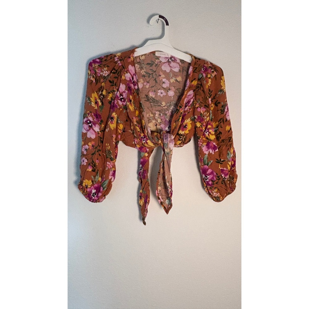 Lush Floral Tie Front Crop Top Rust Orange Pink Long Sleeve V-Neck Blouse XL